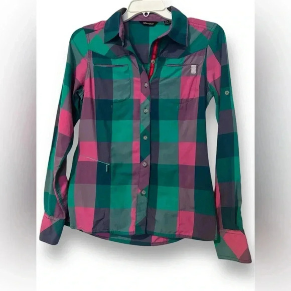 Berghaus Womens Button Up Long Sleeve Shirt XS Pink/Green Plaid Tech Flannel Top - Picture 1 of 6